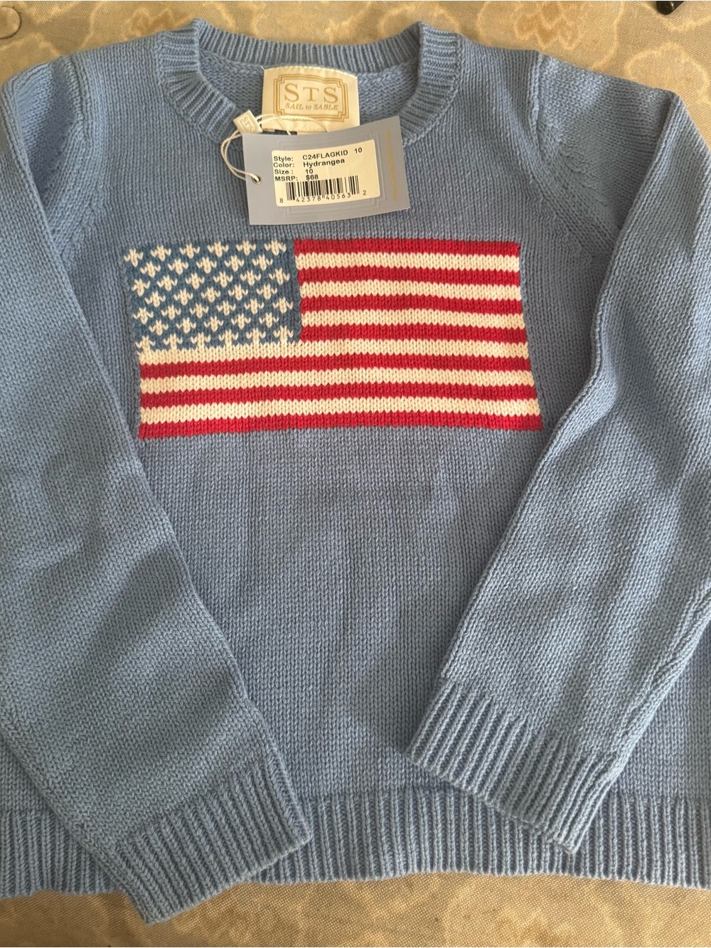 Sail to Sable Light Blue Crewneck Sweater with Flag Intarsia